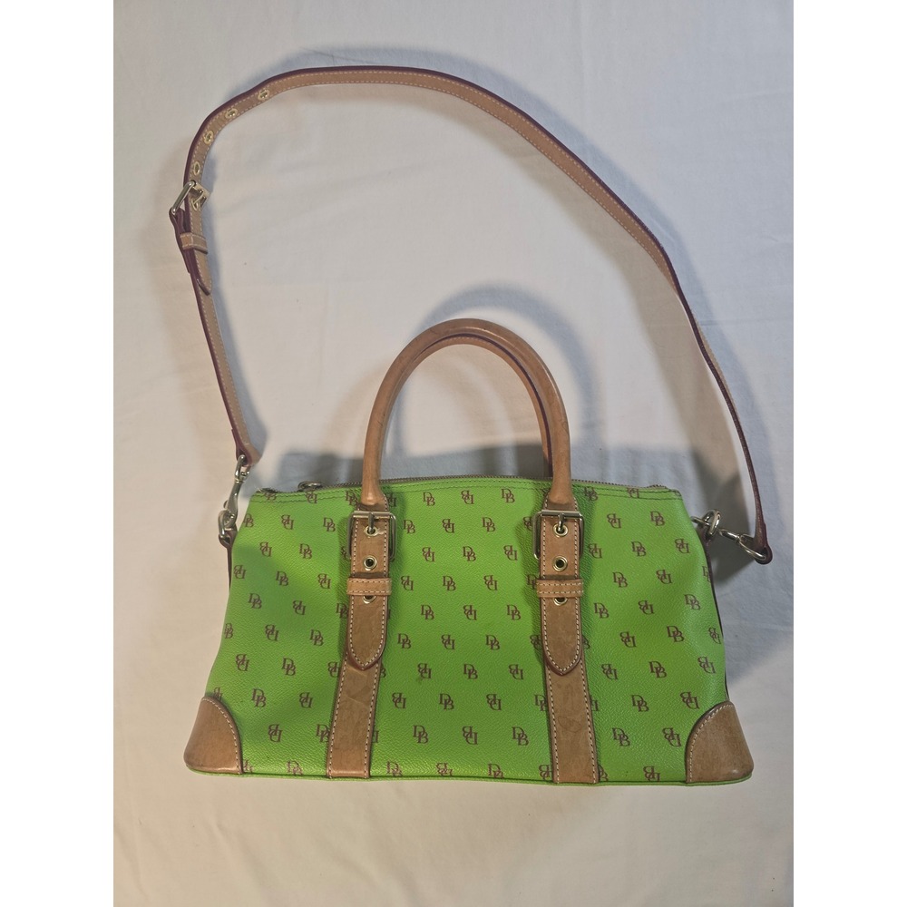 Dooney & Bourke Monogram Satchel Lime Green Coated Canvas Tan Leather Trim Bag